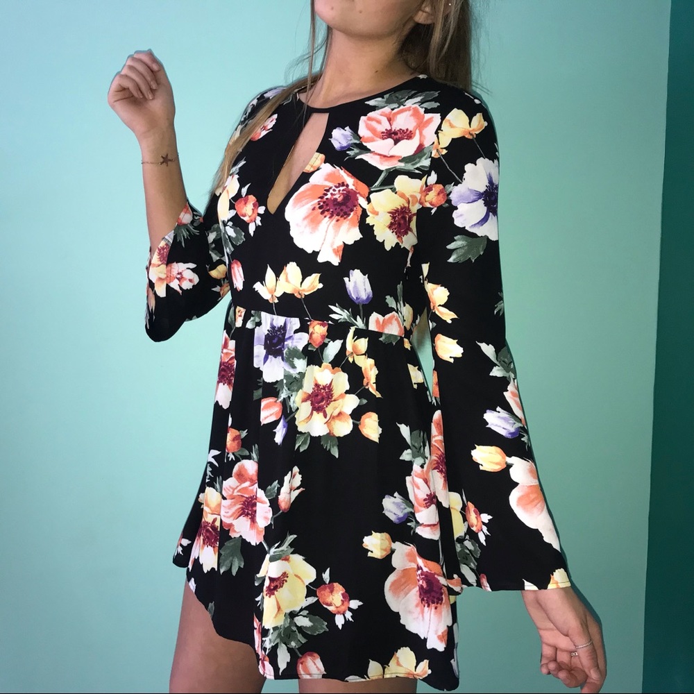 Black dress with a colorful floral print